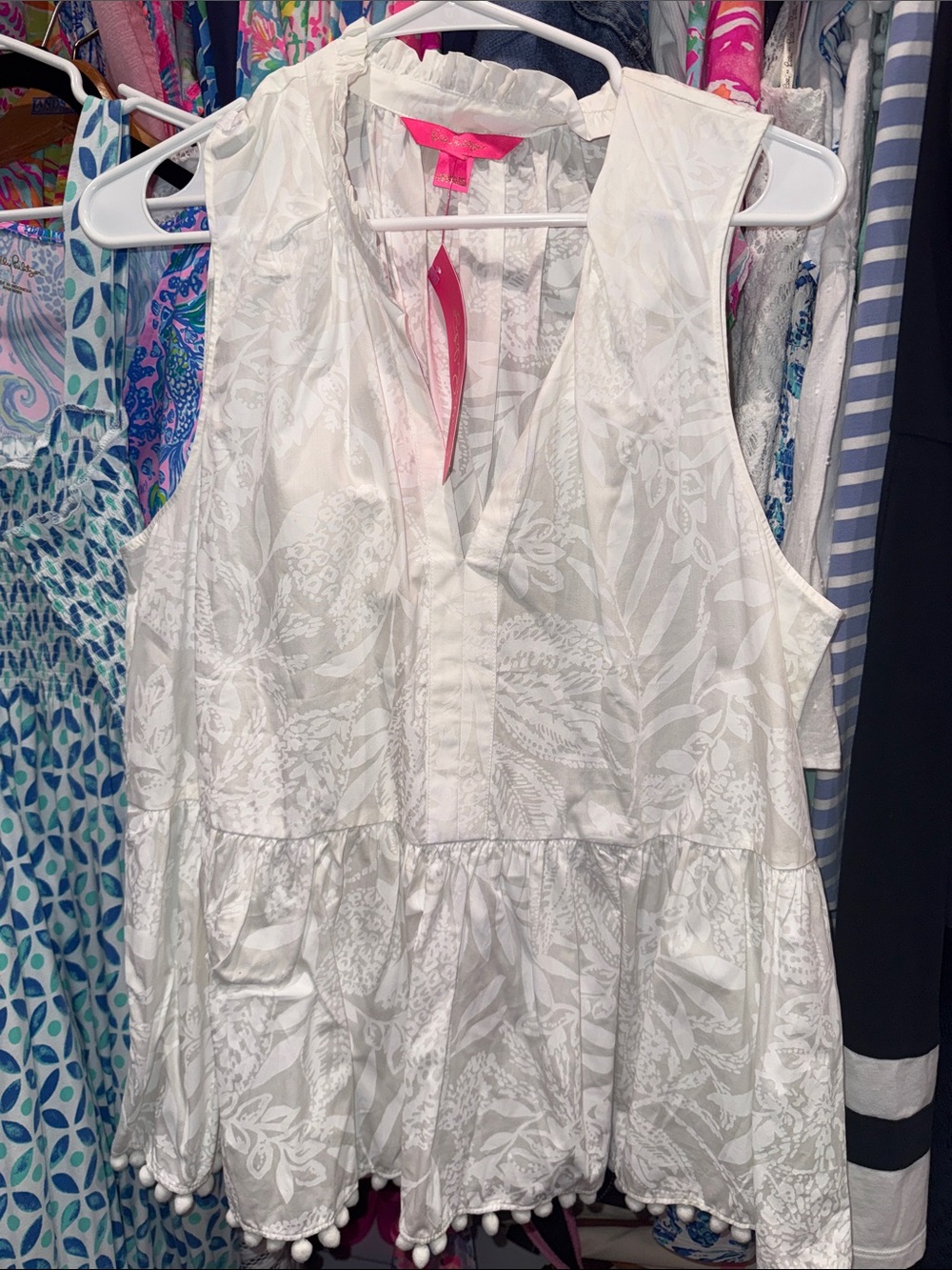 Lilly Pulitzer White Sleeveless Ruffled V-Neck Peplum Top with Pom Trim